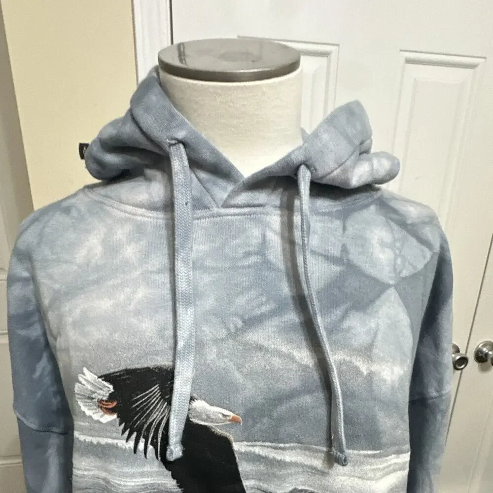Mountain Men's L Blue/Gray Fleece Pullover Hoodie Tie-Dye Eagle Graphic Pocket - Picture 5 of 10